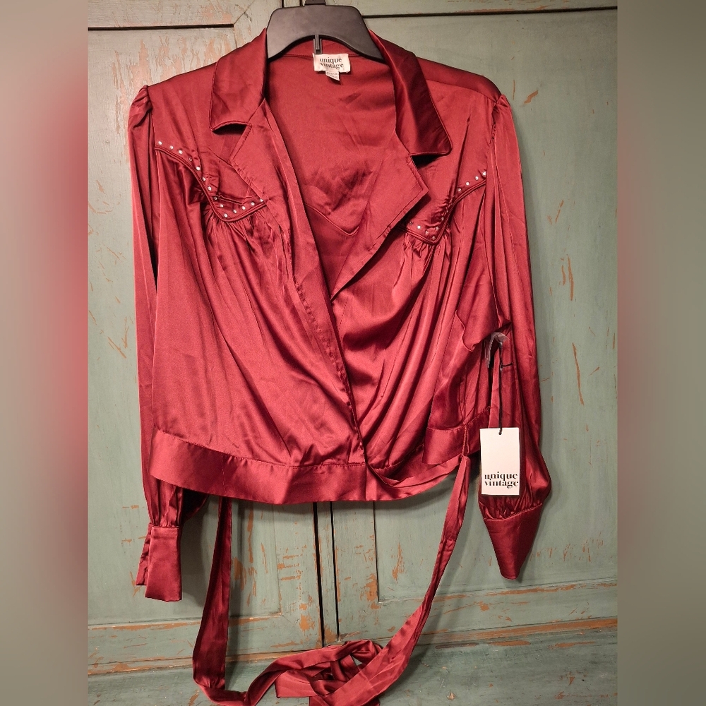 Unique Vintage 4X/22/24 Burgundy Satin Wrap Blouse  New w/tag